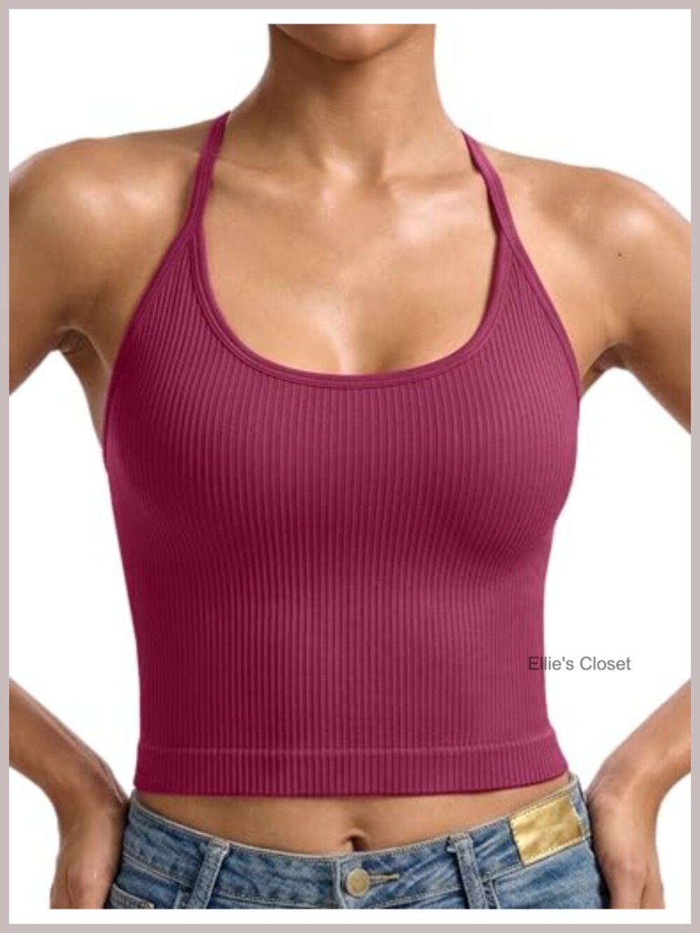 Seamless Ribbed Crop Tank Top with Built-In Bra Double Criss-Cross Back